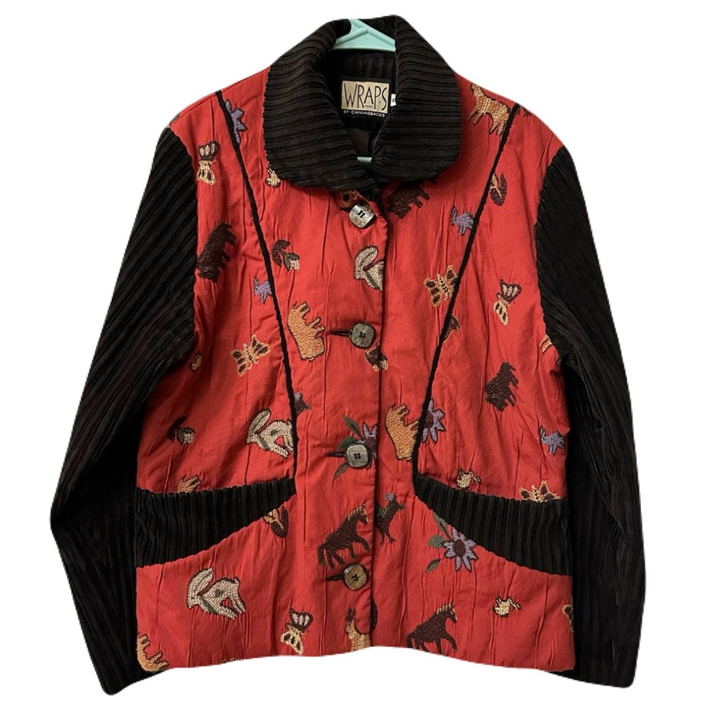 Unique Vintage Womens Small Southwest Desert Animal Blazer Brick Red & Corduroy